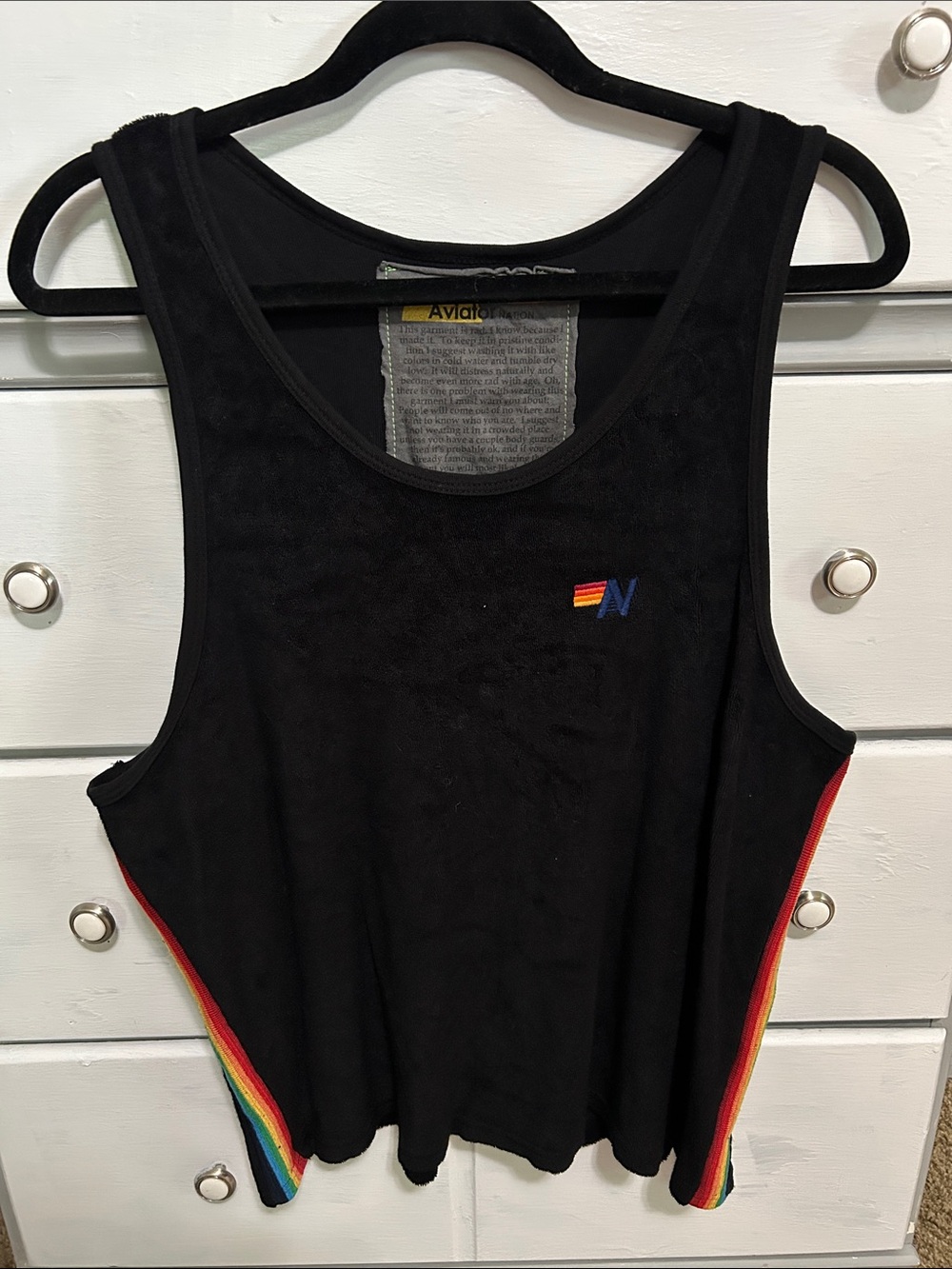 Aviator Nation Women’s Black Terry Tank with Rainbow Stripe Size XL